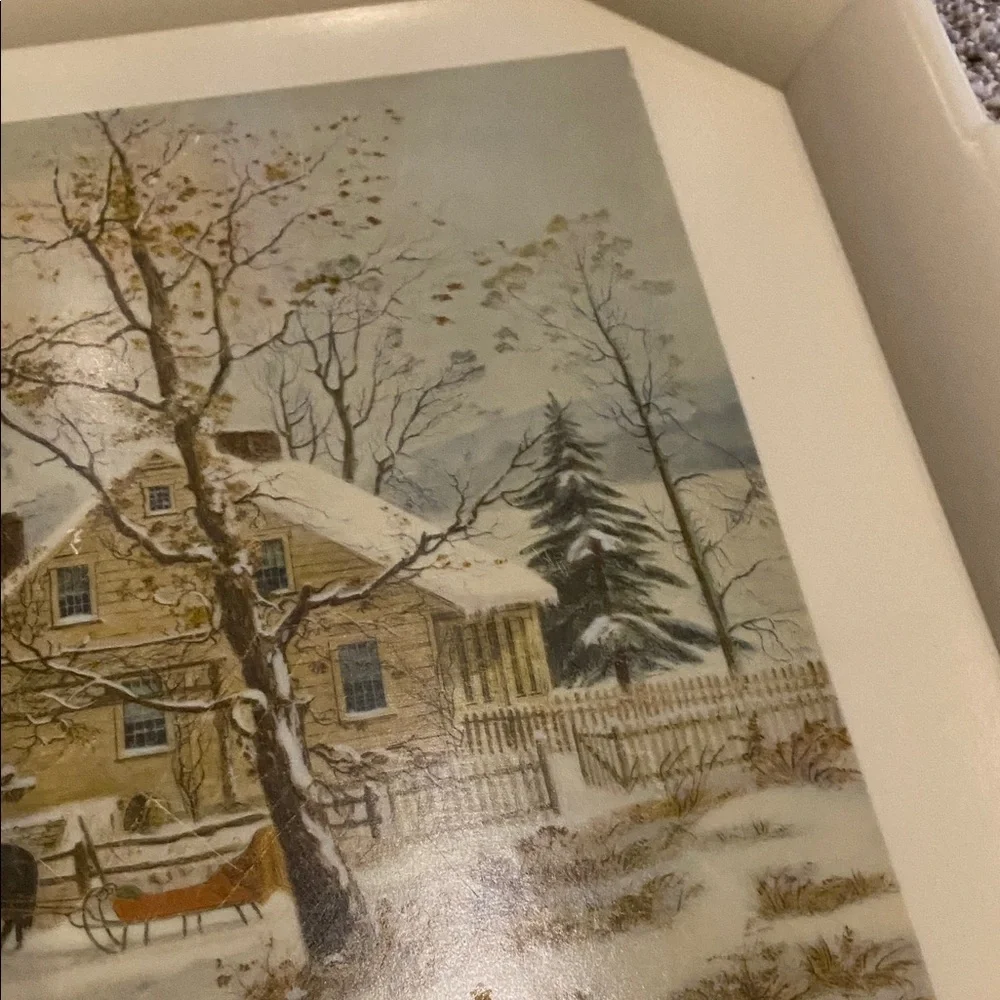 Vintage Style Cream Serving Tray. New England Winter Scene.